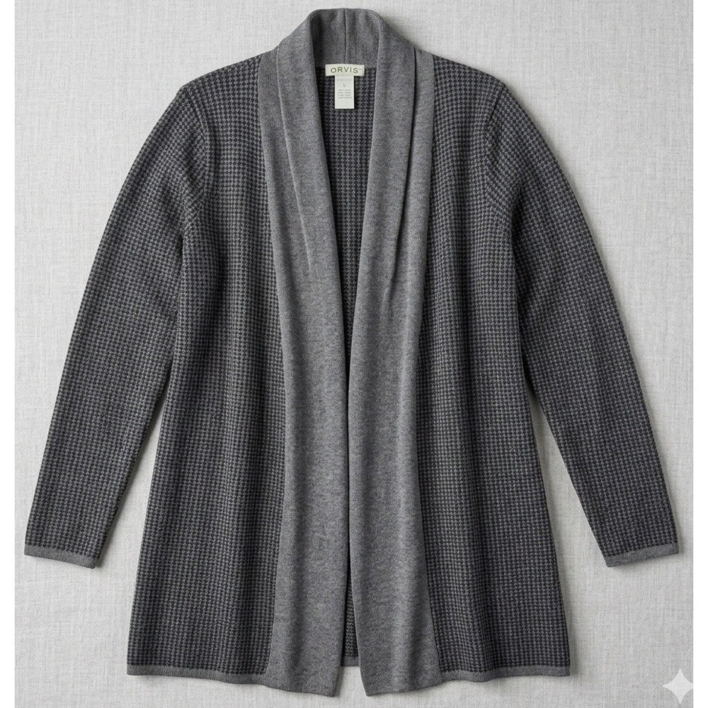 Orvis Open Front Cardigan Women Large Gray Wool Houndstooth Shawl Collar Sweater